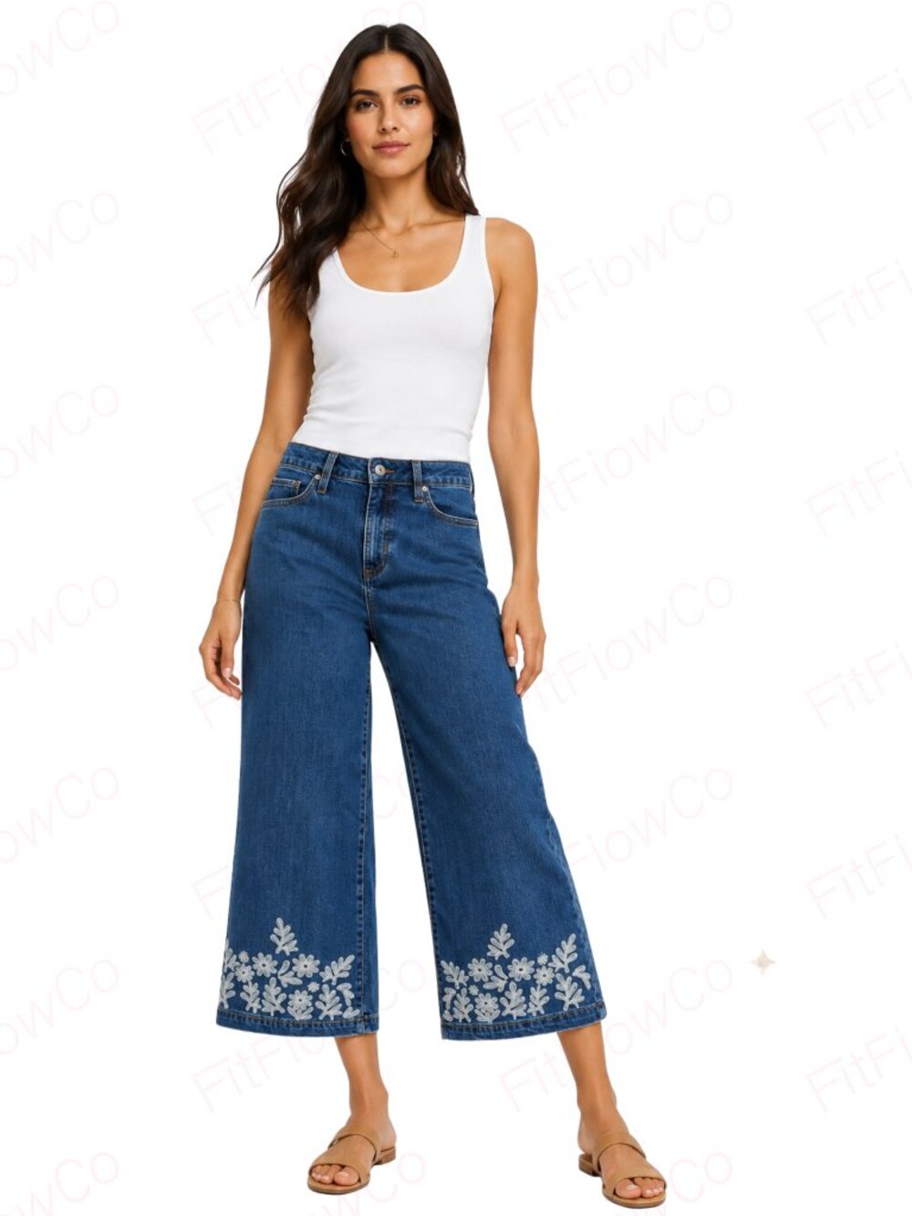 Style & Co Petite Wide Leg Crop Jeans 4P Floral Embroidered Stretch Denim